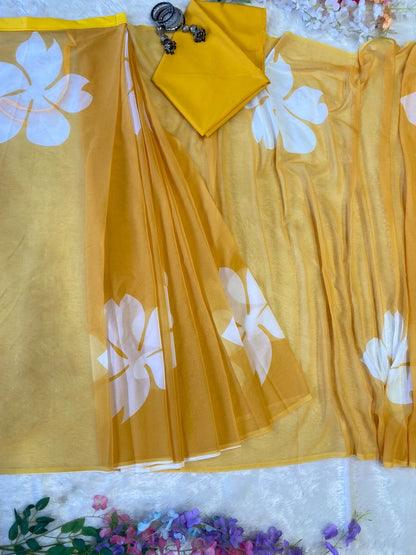 Beautiful Digital Print Yellow Color Ready To Wear Saree