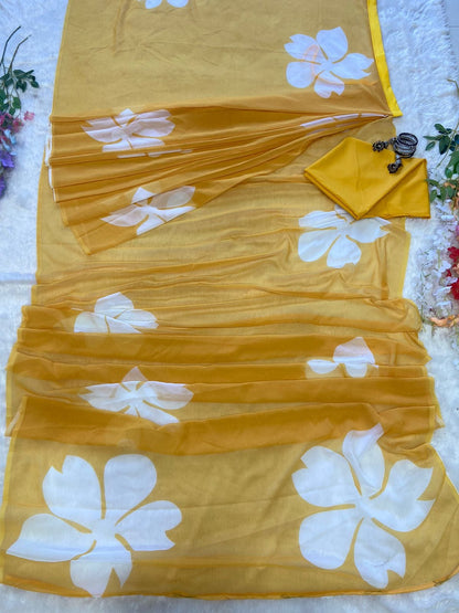 Beautiful Digital Print Yellow Color Ready To Wear Saree