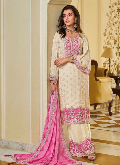 Heavy Work White With Pink Color Palazzo Suit