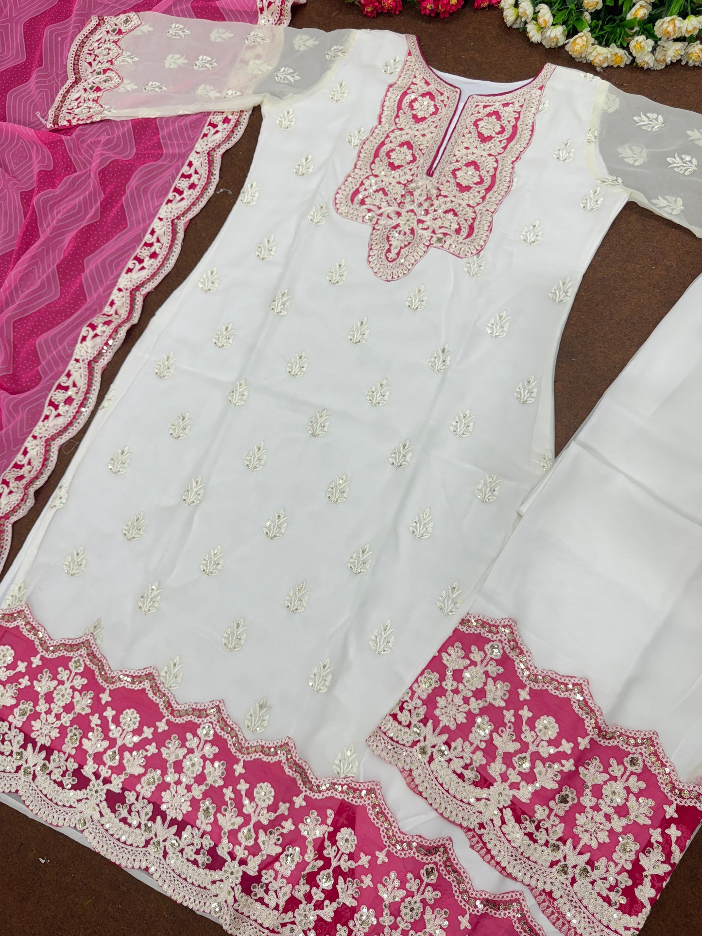 Heavy Work White With Pink Color Palazzo Suit