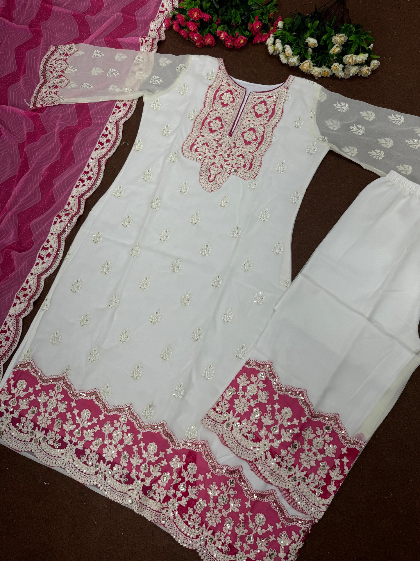 Heavy Work White With Pink Color Palazzo Suit