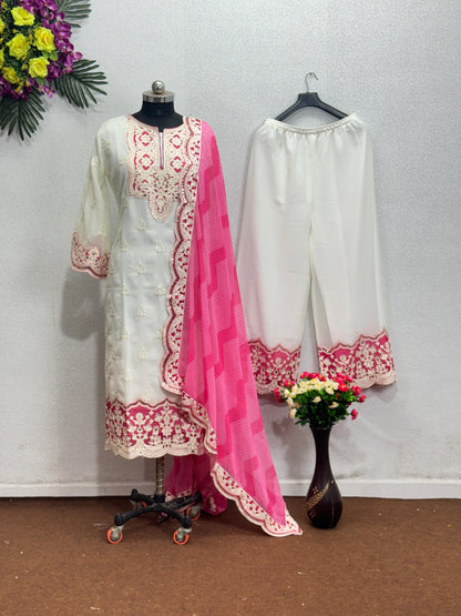 Heavy Work White With Pink Color Palazzo Suit