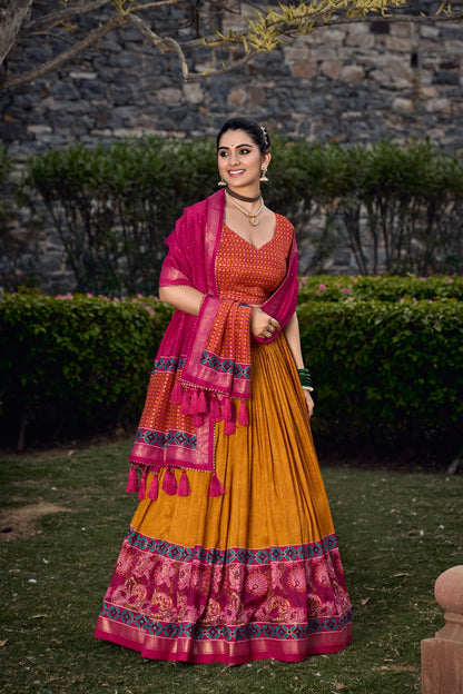 Luxuriant Mustard and Red Color Foil Print Lehenga Choli