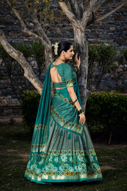 Luxuriant Sky and Gray Color Foil Print Lehenga Choli