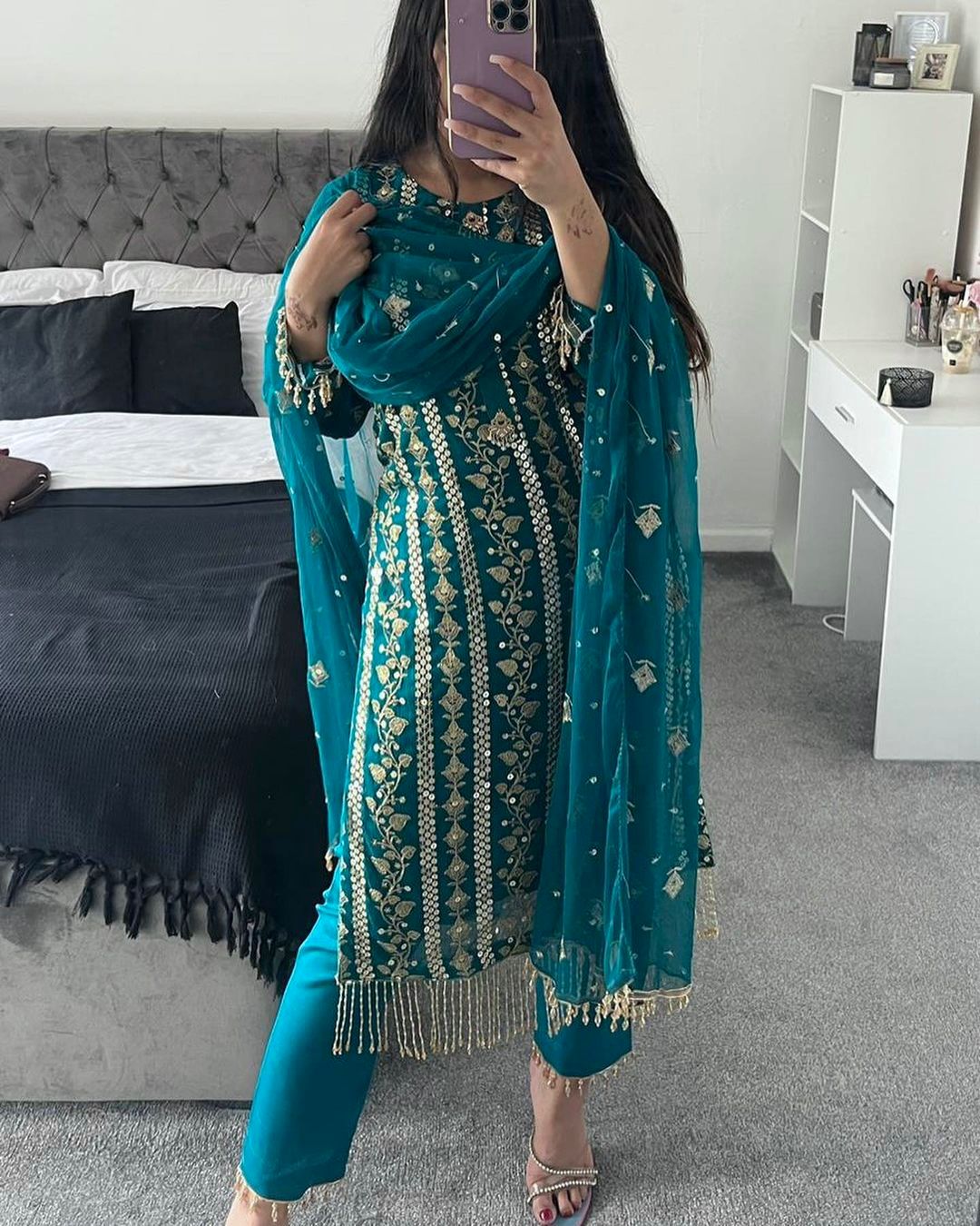 Attractive Embroidery Work Teal Blue Color Salwar Suit