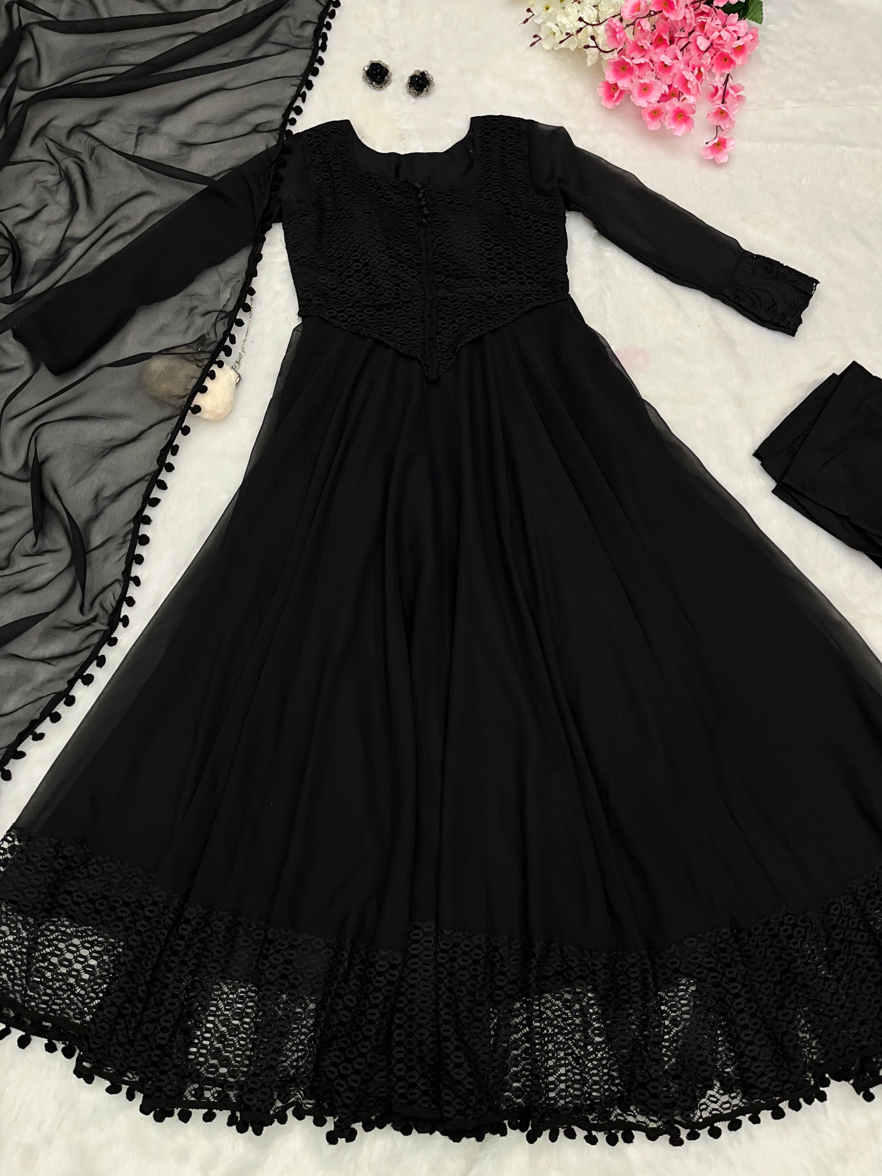 Fancy Net And Pompom Border Black Anarkali Gown