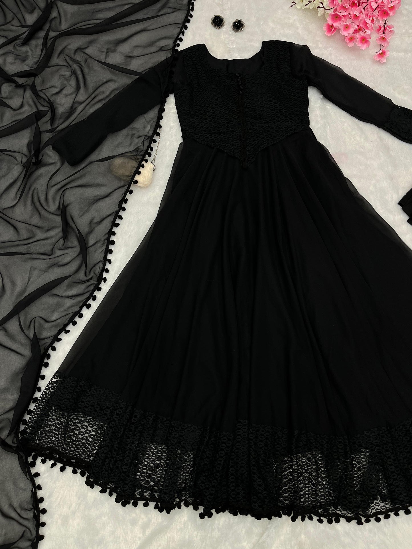 Fancy Net And Pompom Border Black Anarkali Gown