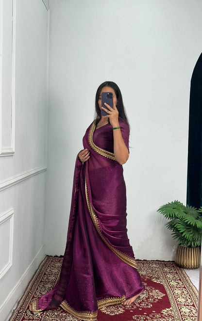 Fabulous Wine Color Embroidery Work Border Saree