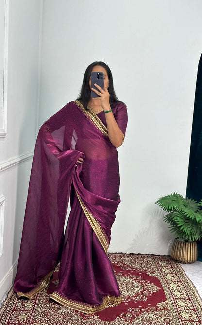 Fabulous Wine Color Embroidery Work Border Saree