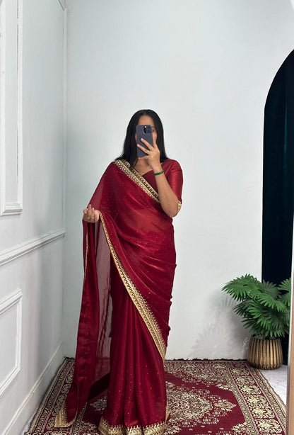 Fabulous Red Color Embroidery Work Border Saree