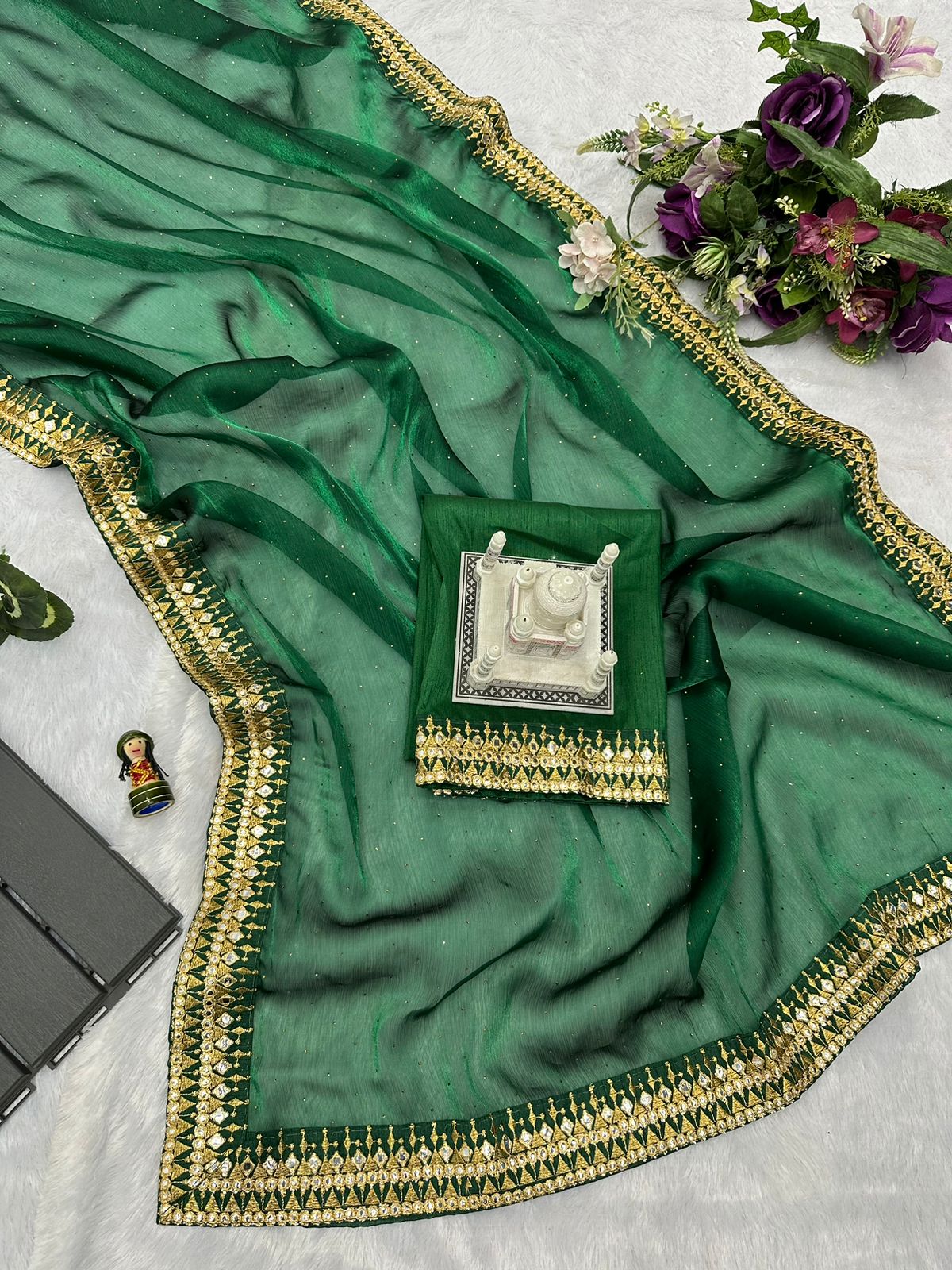 Fabulous Green Color Embroidery Work Border Saree