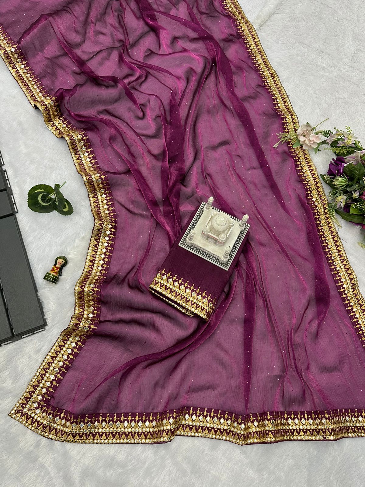 Fabulous Wine Color Embroidery Work Border Saree