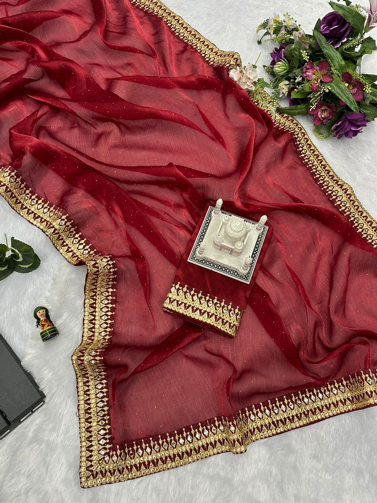 Fabulous Red Color Embroidery Work Border Saree