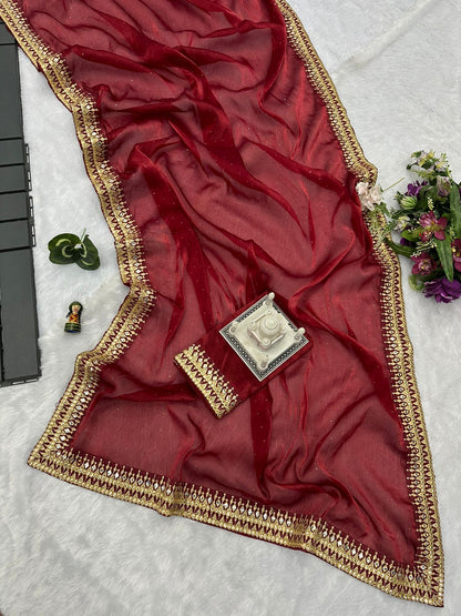 Fabulous Red Color Embroidery Work Border Saree