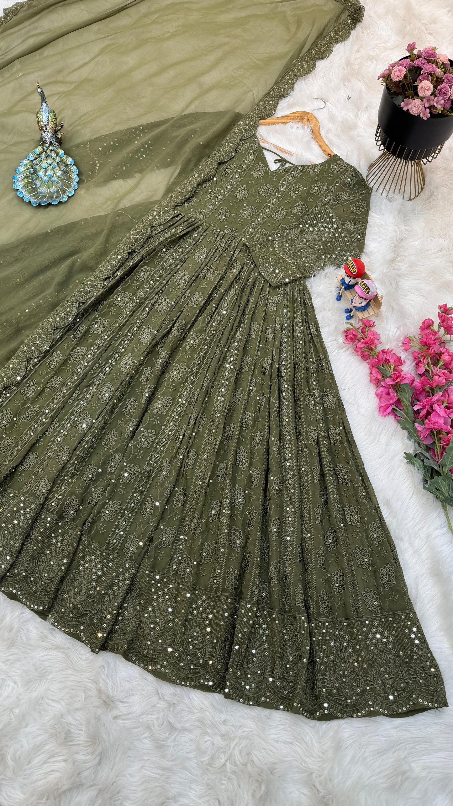 Mehndi Green Color Thread Sequence Work Gown