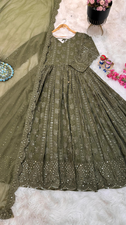 Mehndi Green Color Thread Sequence Work Gown