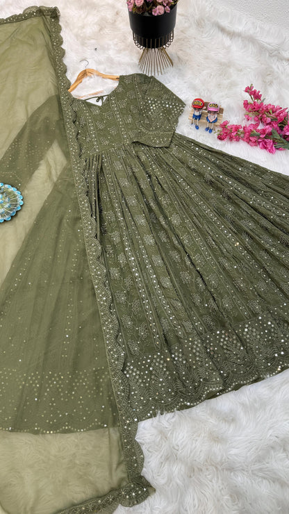 Mehndi Green Color Thread Sequence Work Gown