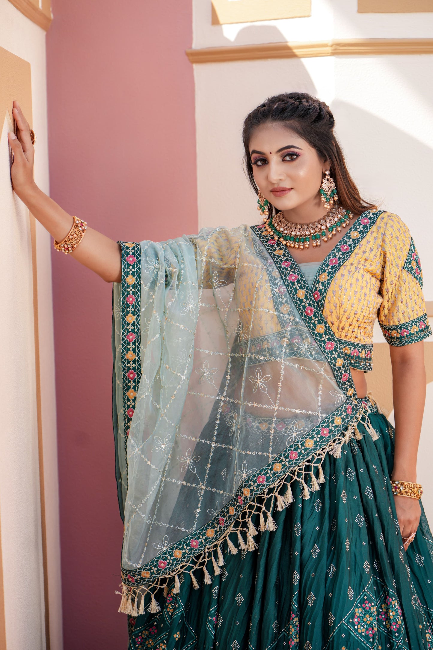 Festive Foil Print With Embroidery Work Aqua Green Lehenga Choli