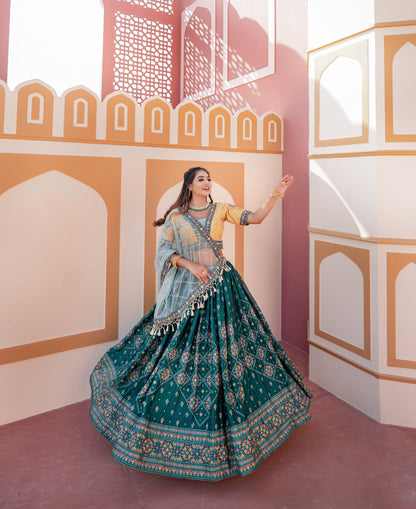 Festive Foil Print With Embroidery Work Aqua Green Lehenga Choli