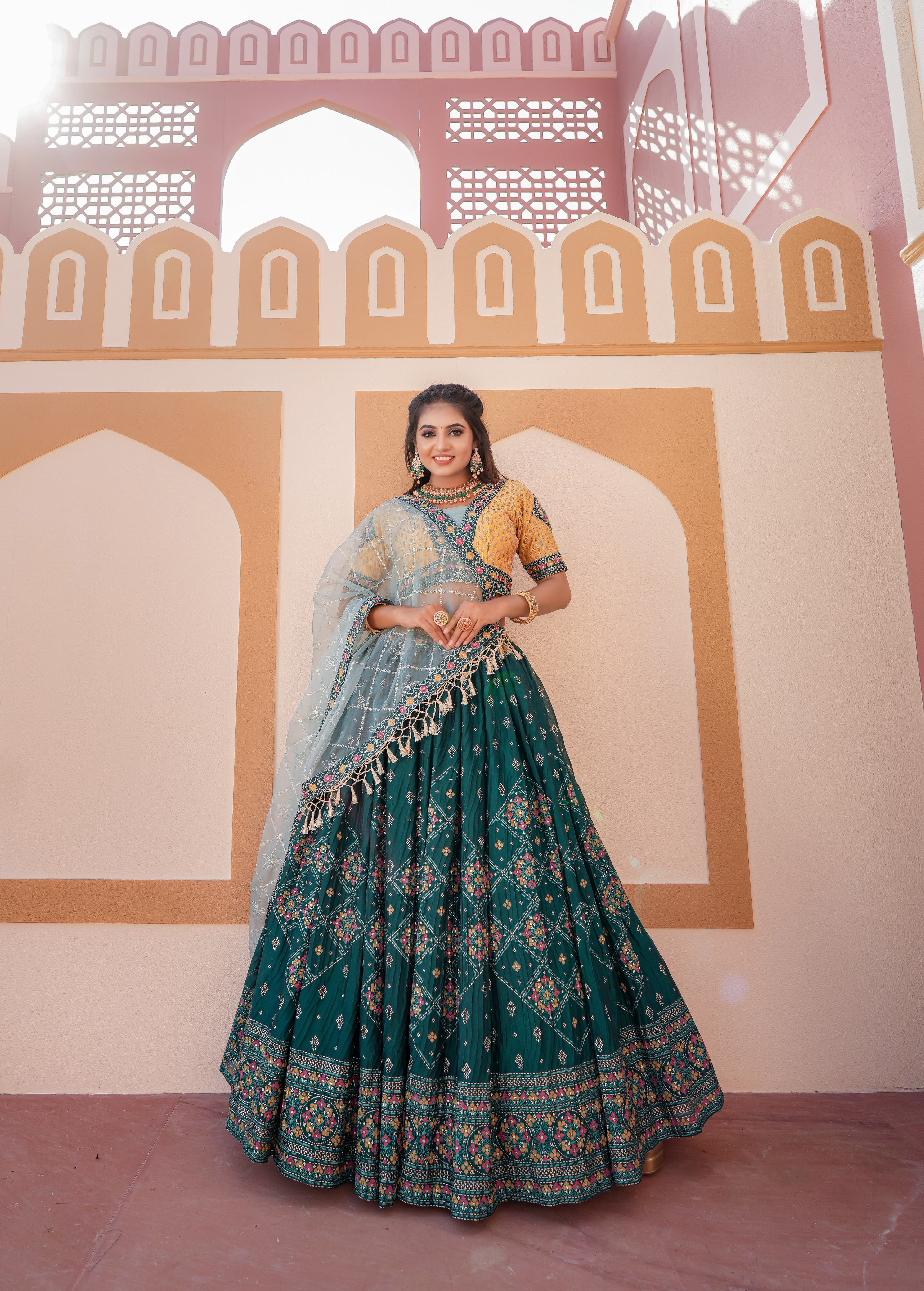 Festive Foil Print With Embroidery Work Aqua Green Lehenga Choli