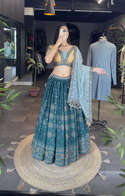 Festive Foil Print With Embroidery Work Aqua Green Lehenga Choli