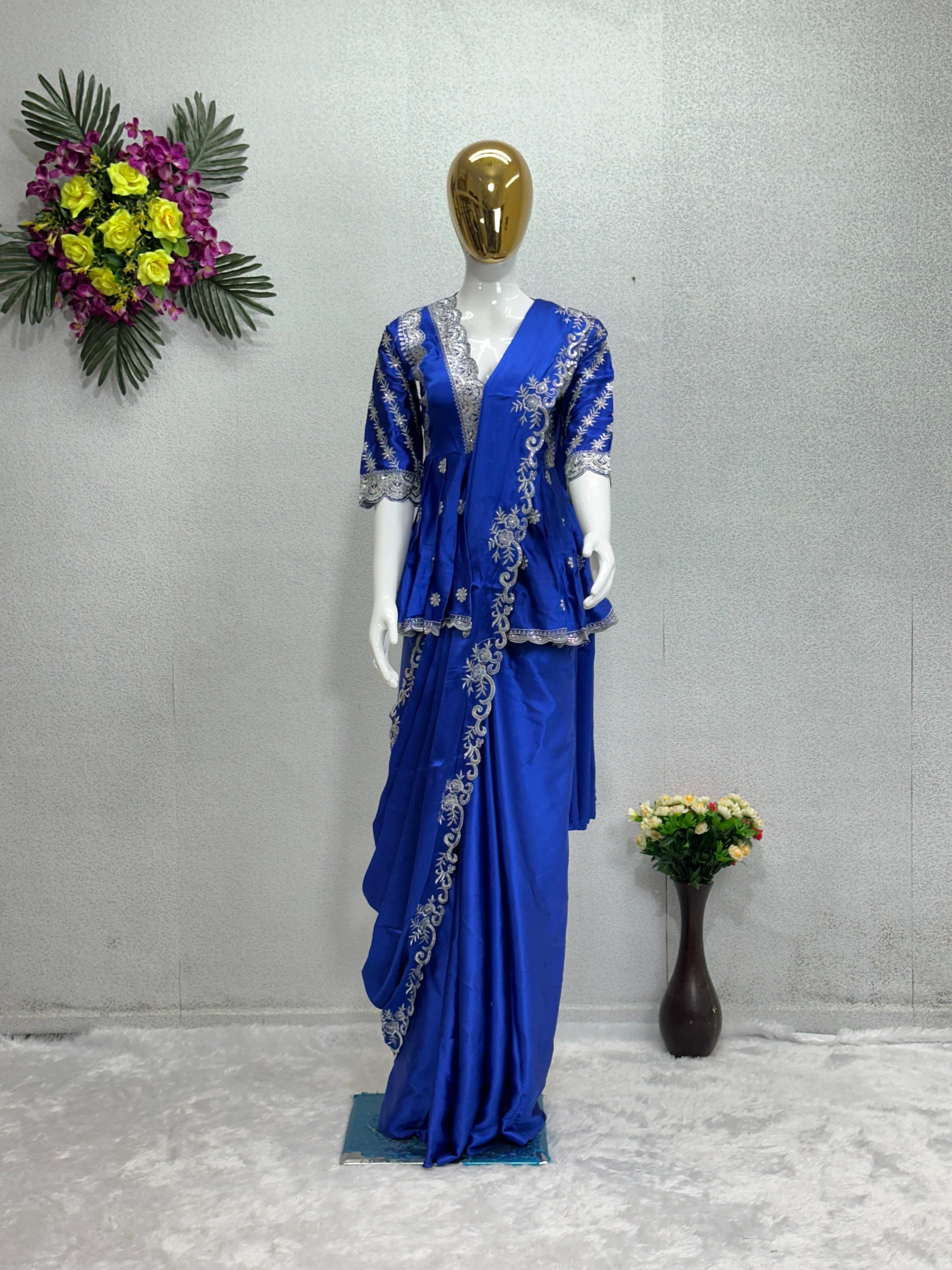 Gleaming Blue Wedding Wear Saree With Kediya Blouse