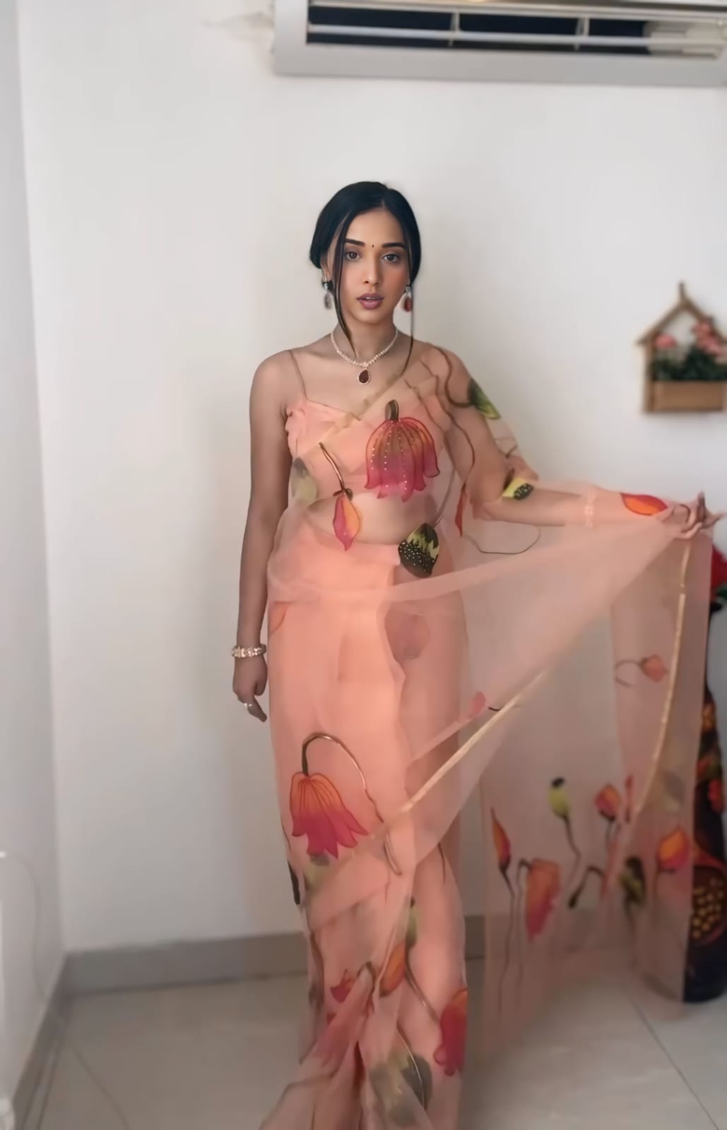 Admiring Ready To Wear Peach Color Organza Saree