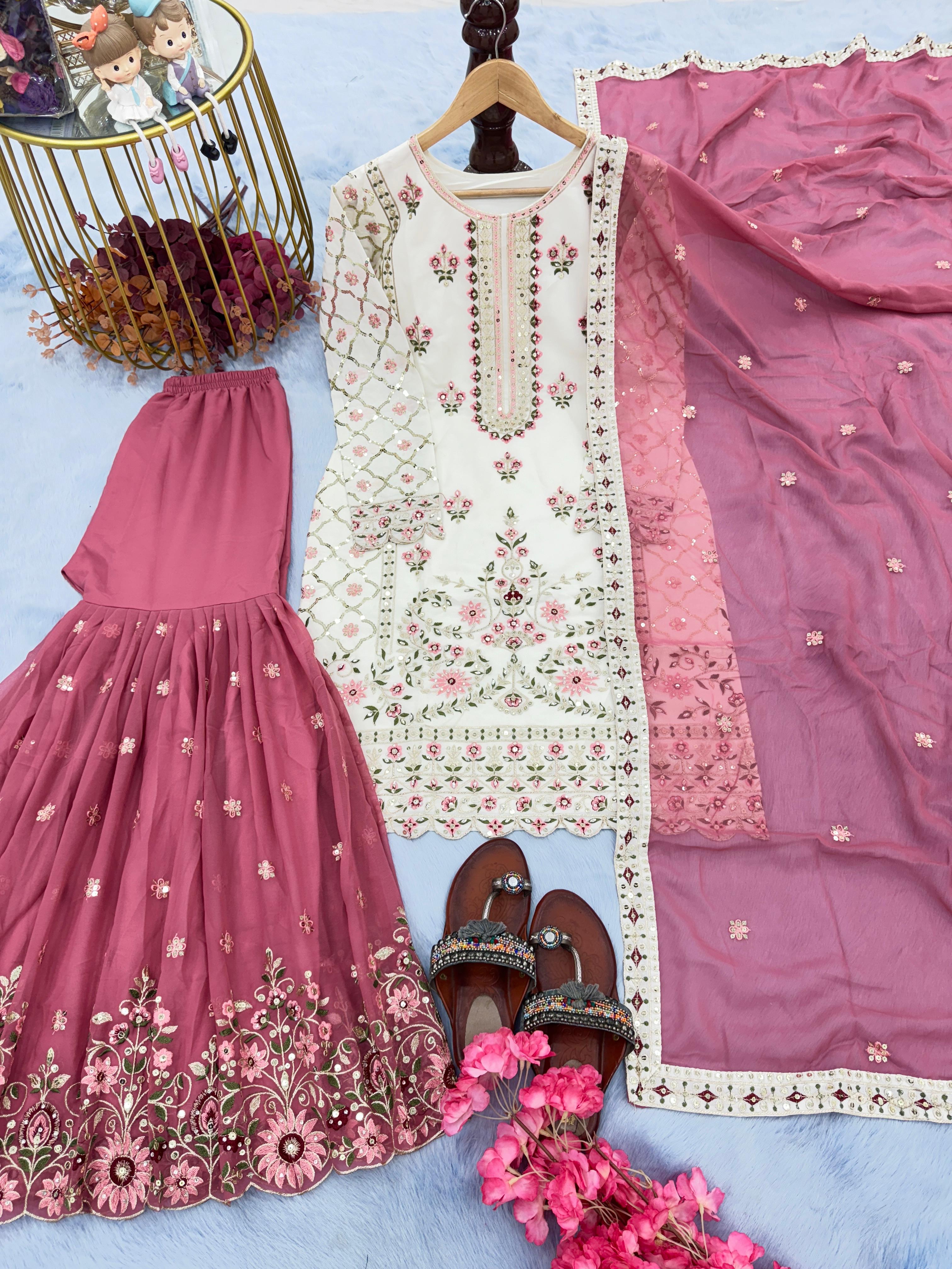 Mesmerizing Off White and Pink Color Sharara Suit