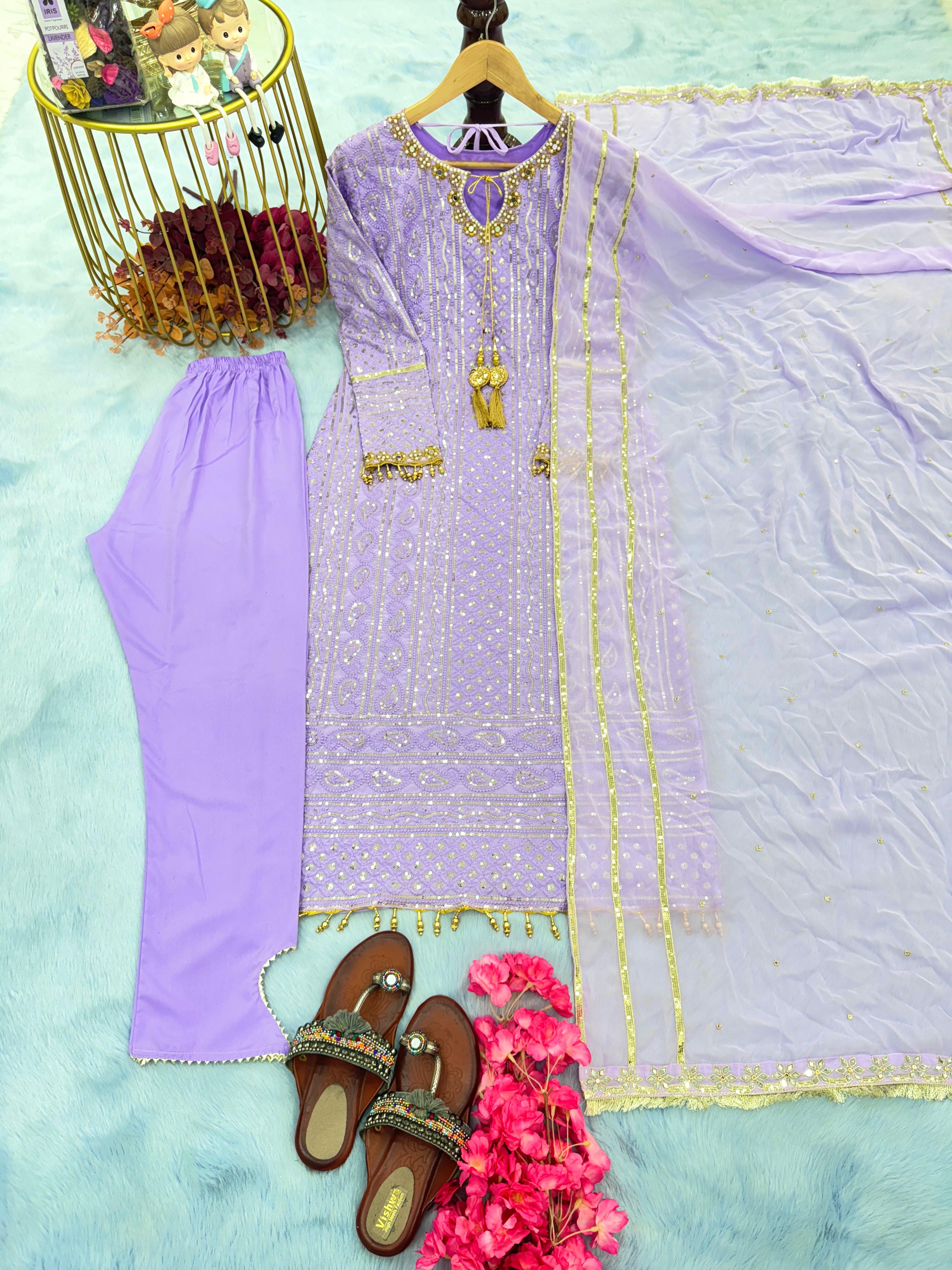 Lavender Color Embroidery Sequence Work Salwar Suit