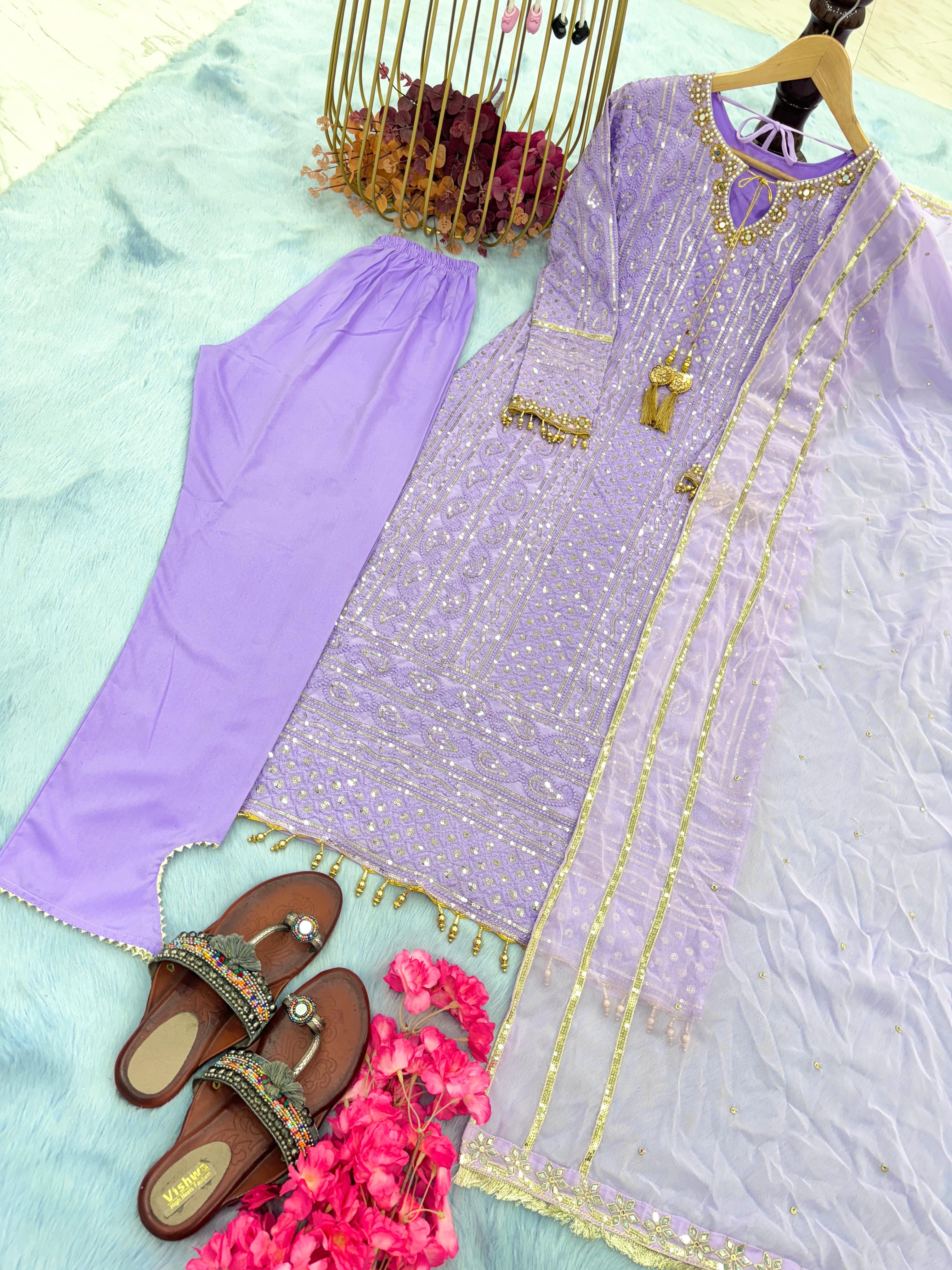 Lavender Color Embroidery Sequence Work Salwar Suit