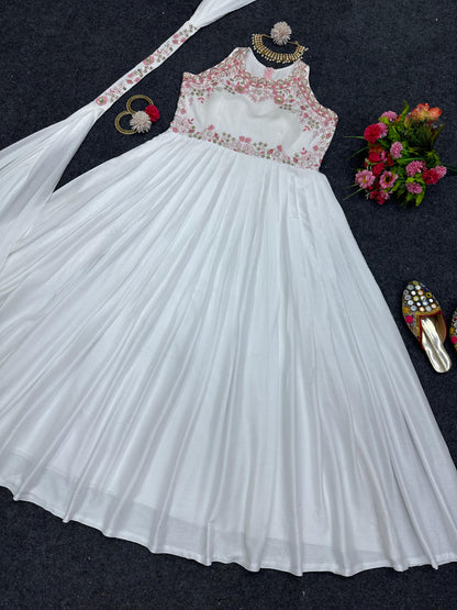 Party Wear White Color Gorgeous Gown