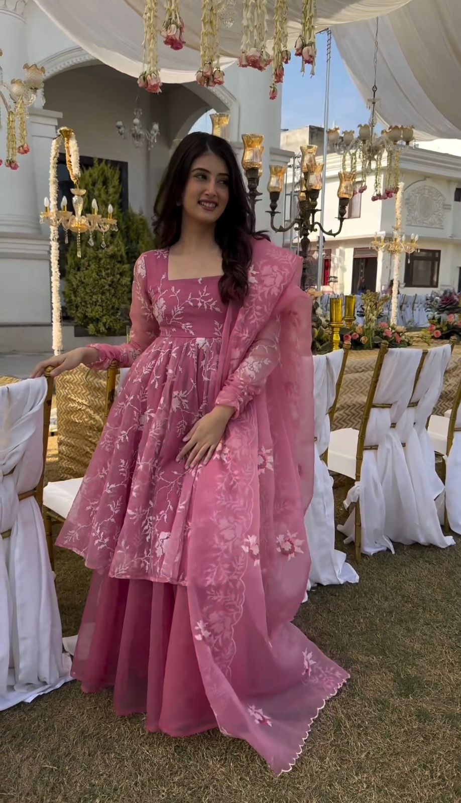 Superhit Thread Work Pink Color Organza Palazzo Suit