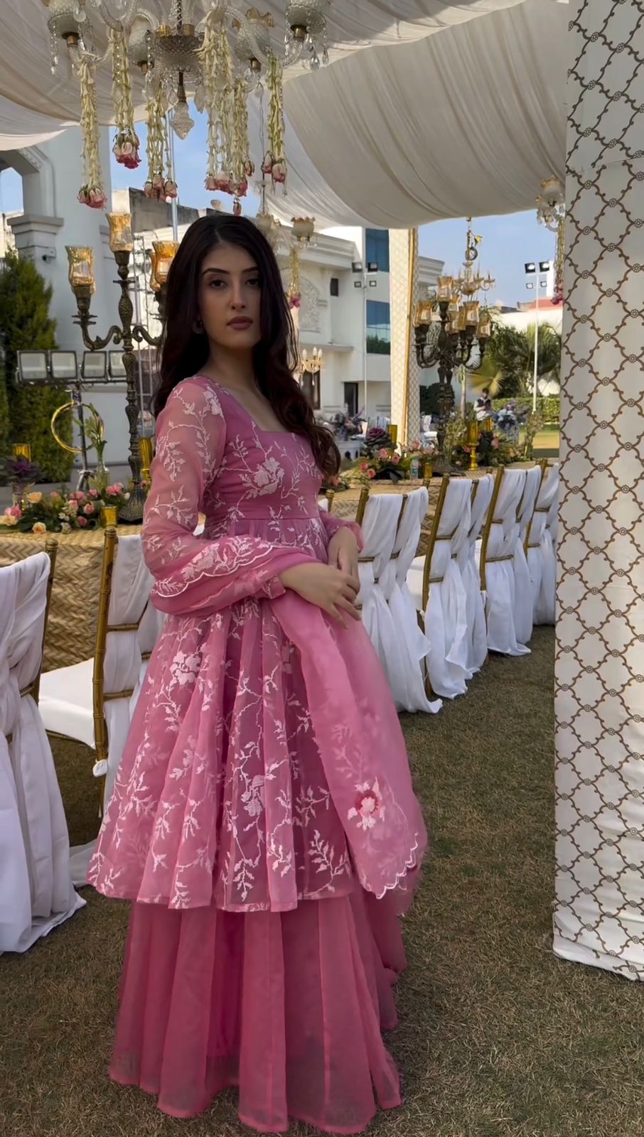 Superhit Thread Work Pink Color Organza Palazzo Suit