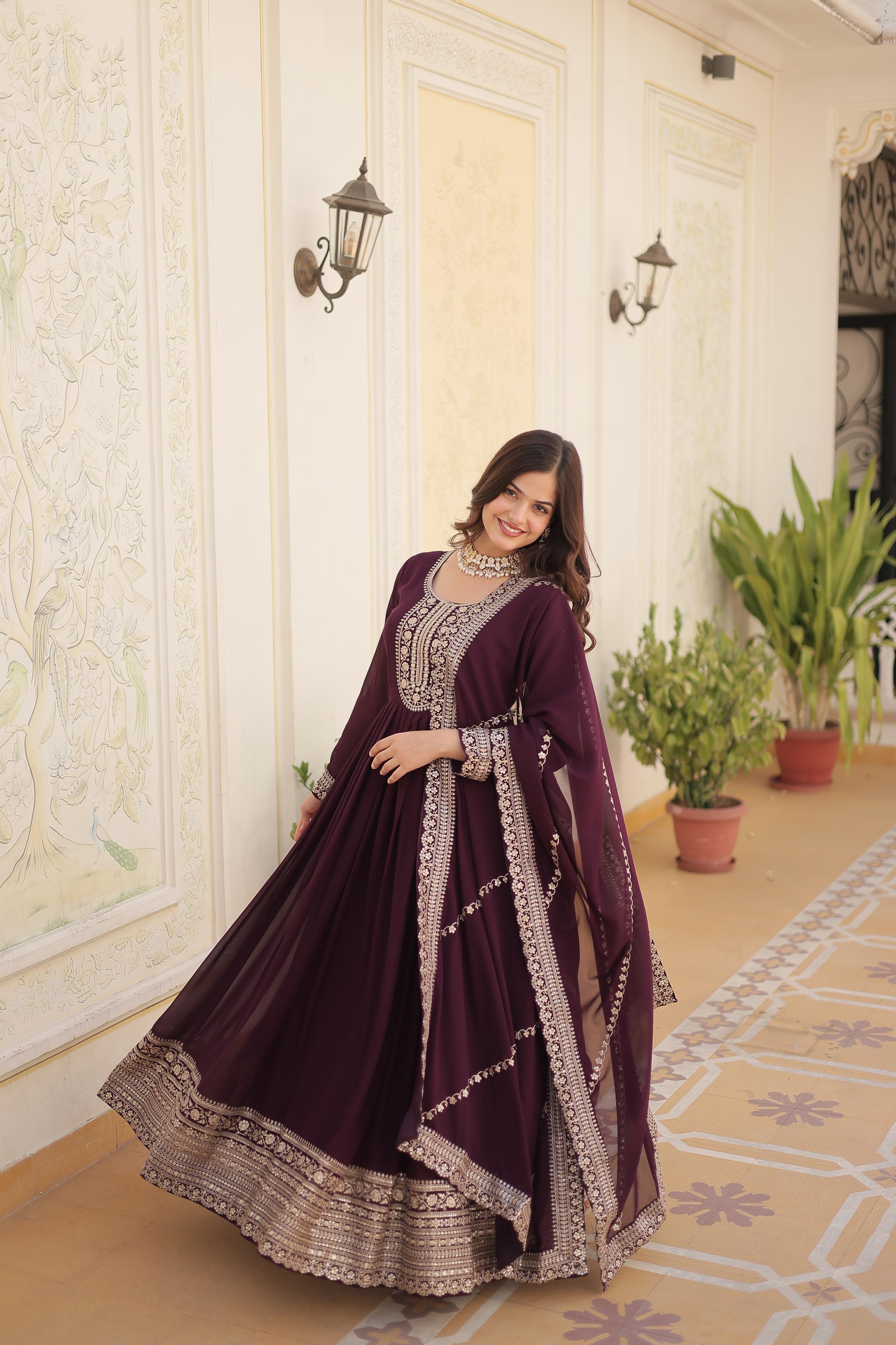 Function Wear Embroidered Wine Color Beautiful Gown