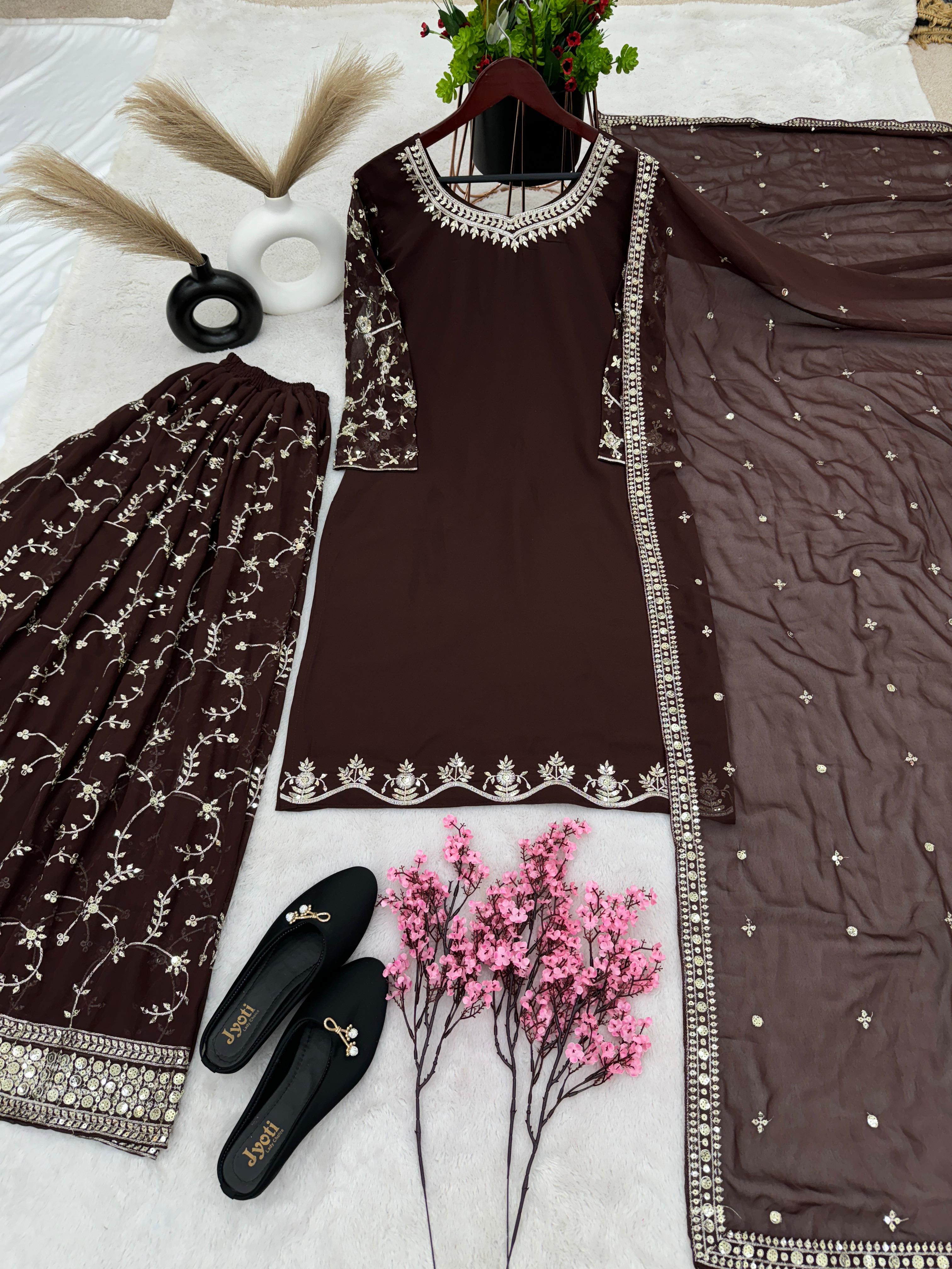 Brown Color Sequence Embroidery Sharara Suit