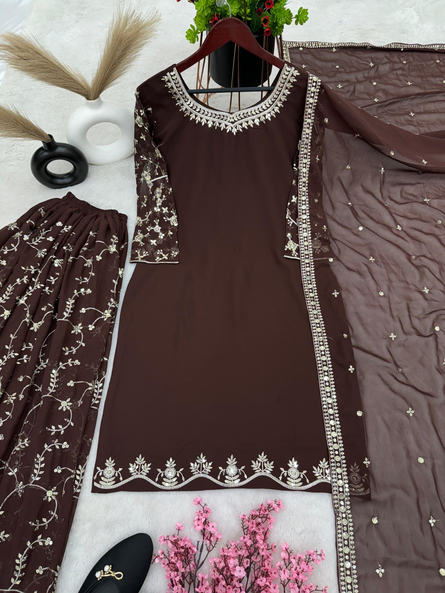 Brown Color Sequence Embroidery Sharara Suit