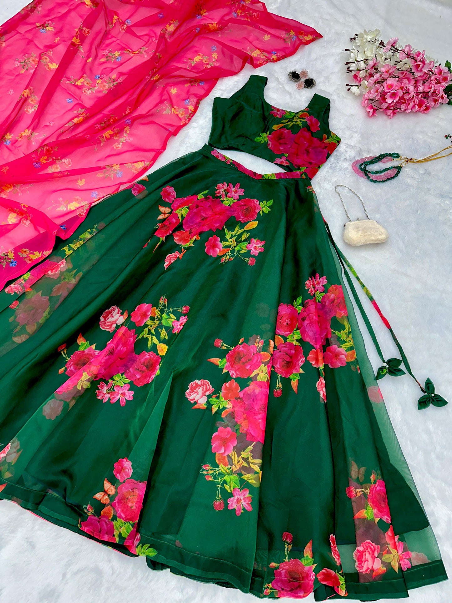 Multi Floral Print Green Color Organza Silk Lehenga Choli