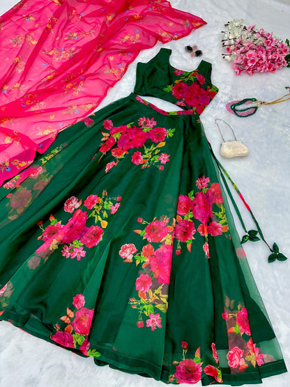 Multi Floral Print Green Color Organza Silk Lehenga Choli