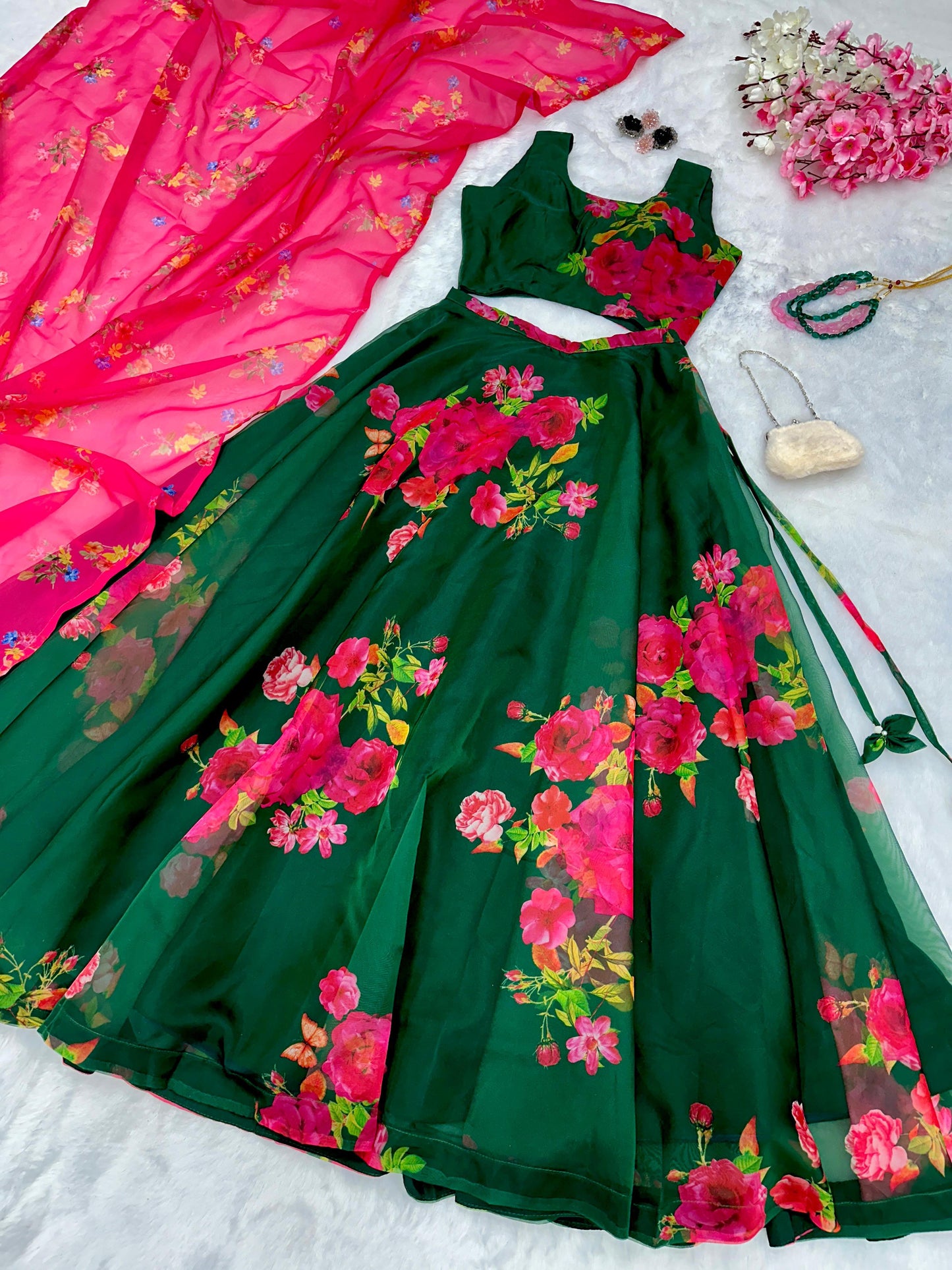 Multi Floral Print Green Color Organza Silk Lehenga Choli