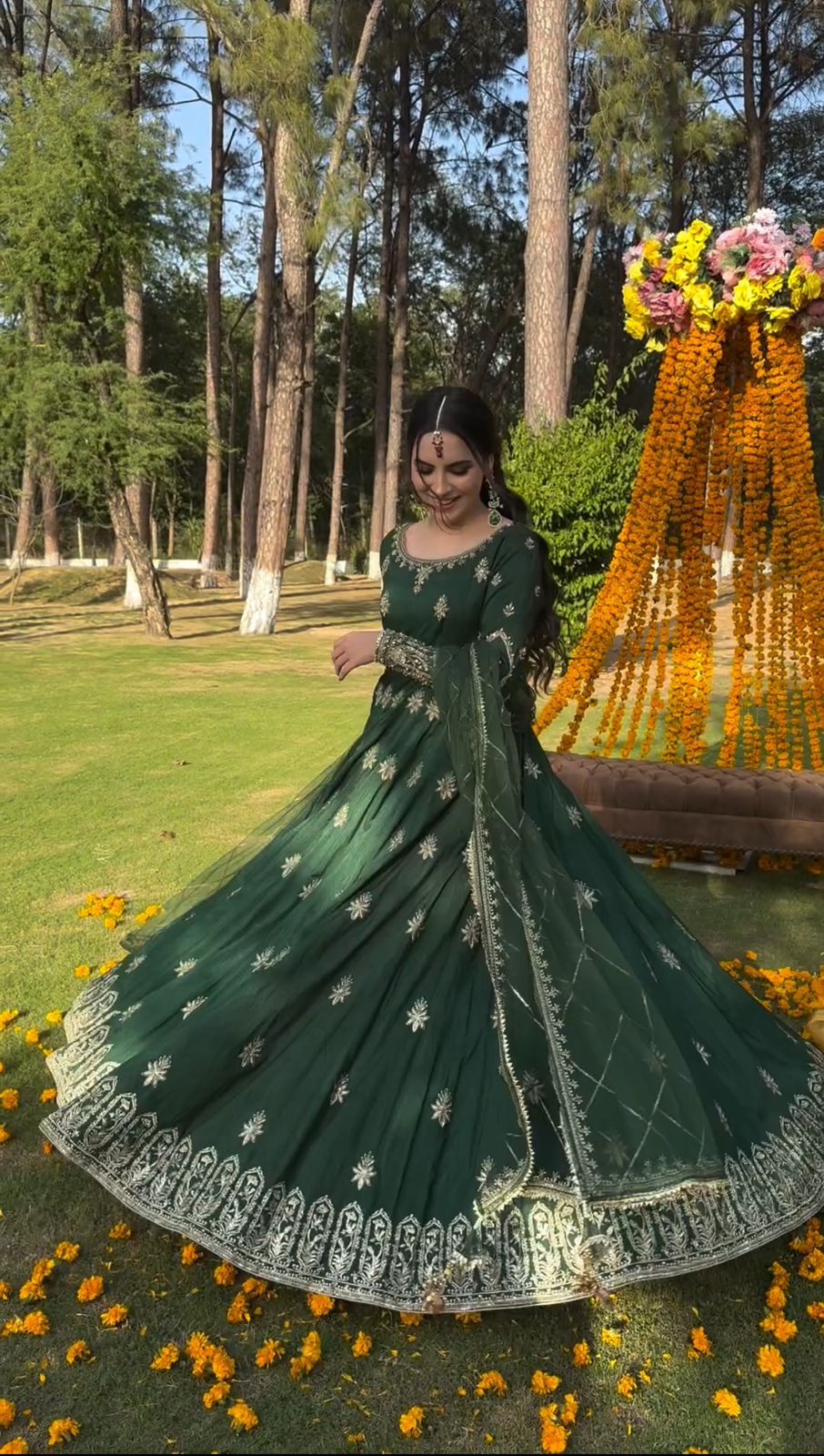 Wedding Wear Green Color Embroidery Work Gown