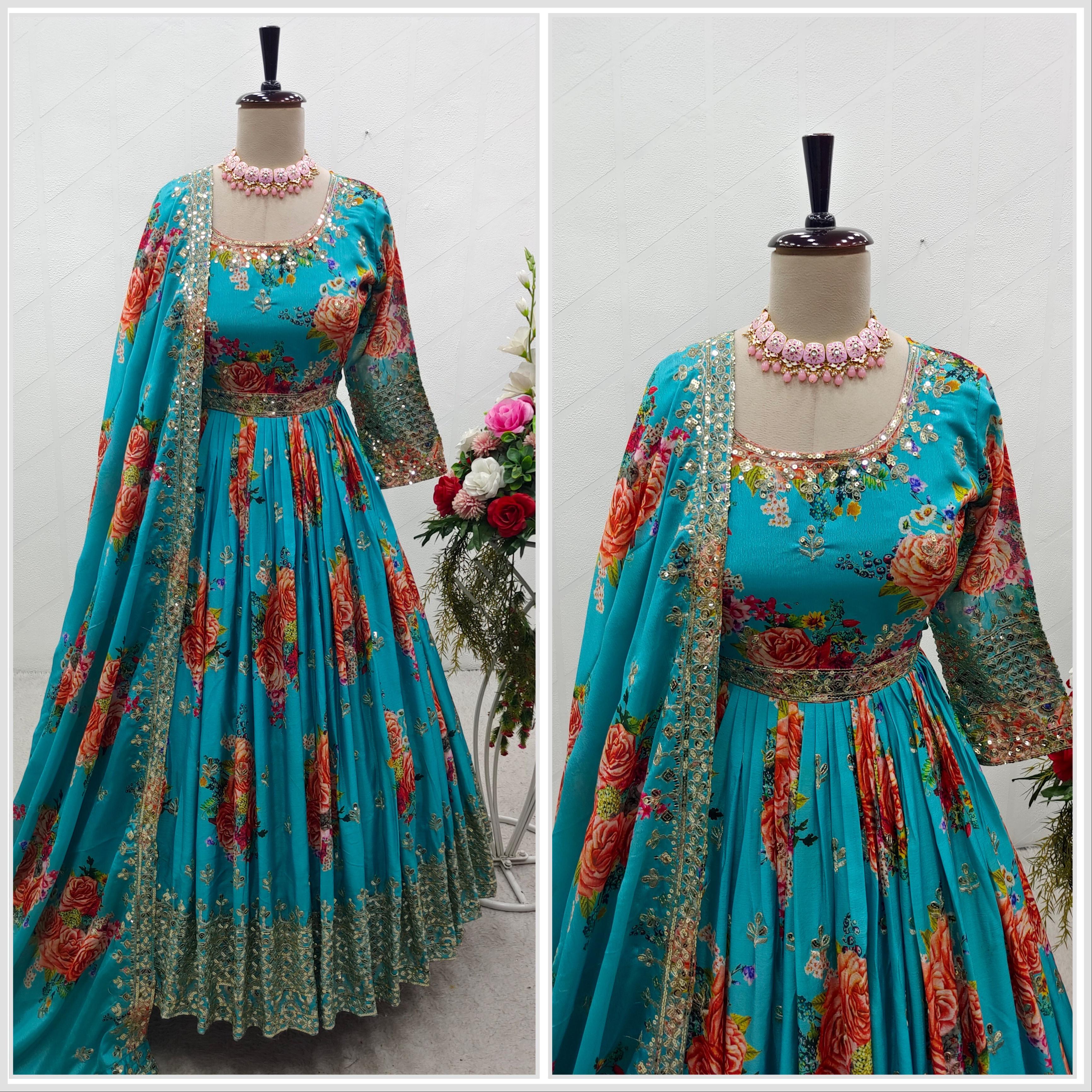 Outstanding Rose Print With Work Sky Blue Gown