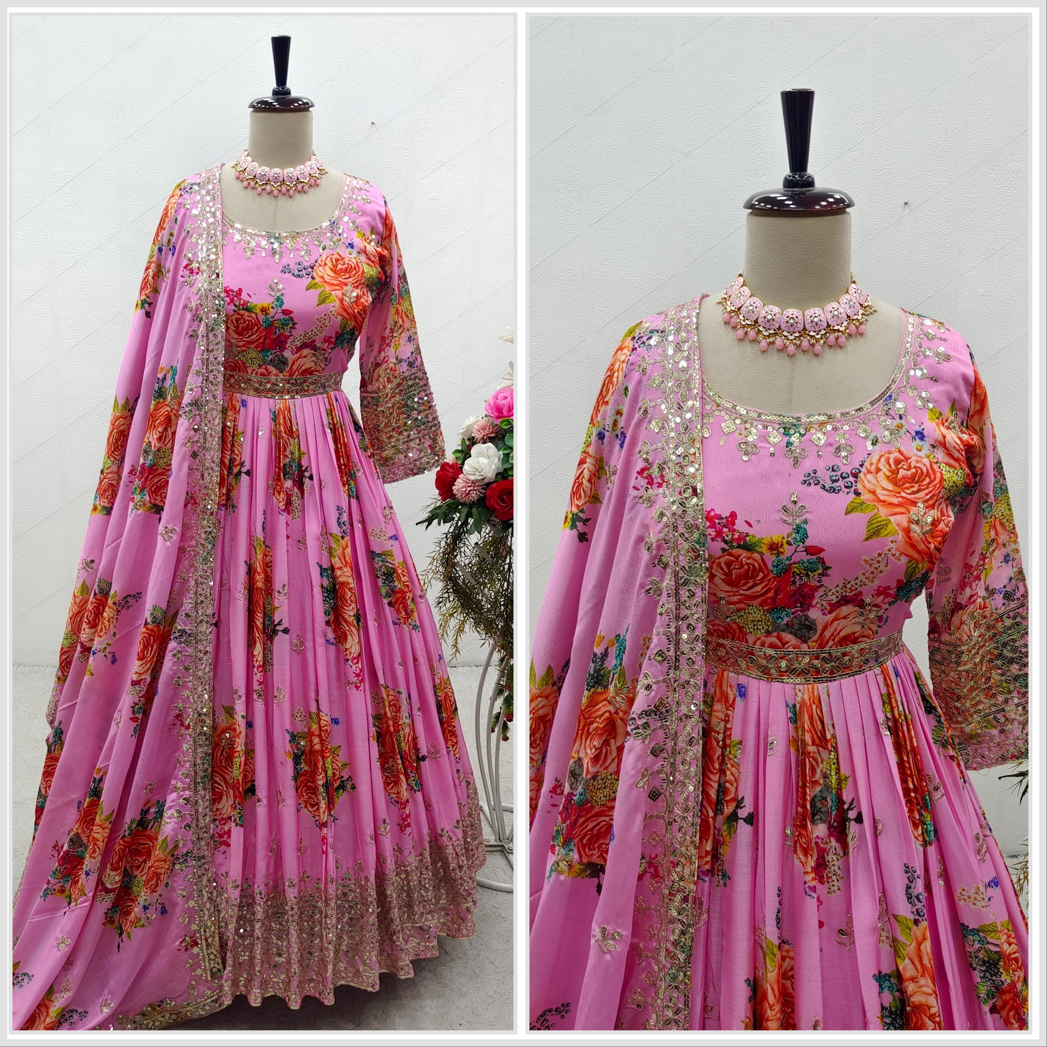 Outstanding Rose Print With Work Pink Gown