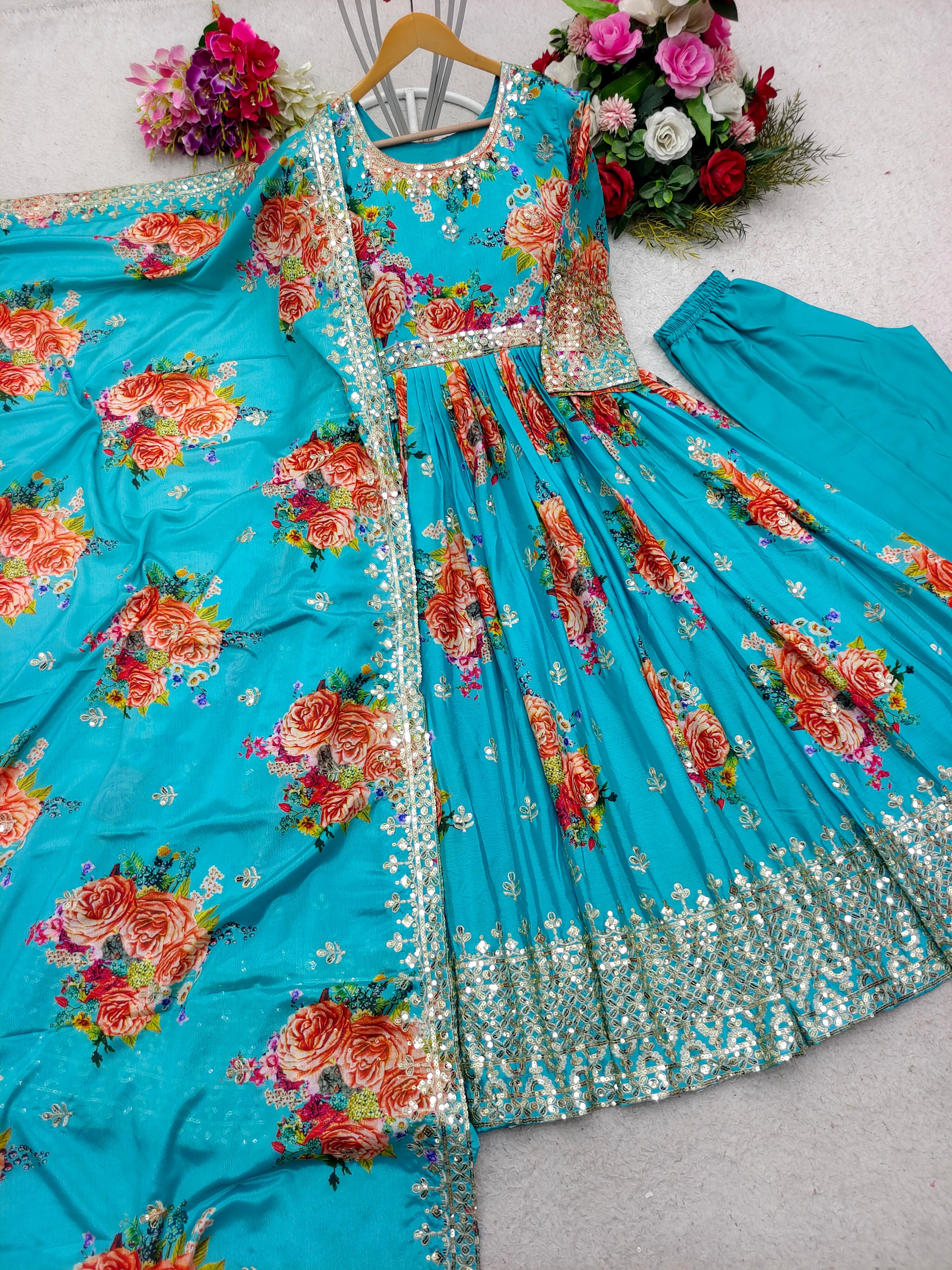 Outstanding Rose Print With Work Sky Blue Gown