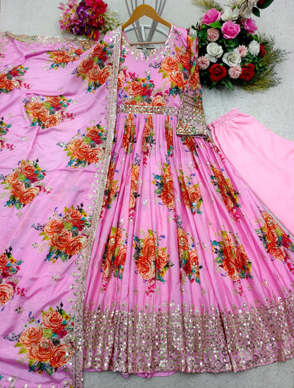 Outstanding Rose Print With Work Pink Gown