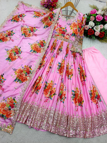 Outstanding Rose Print With Work Pink Gown