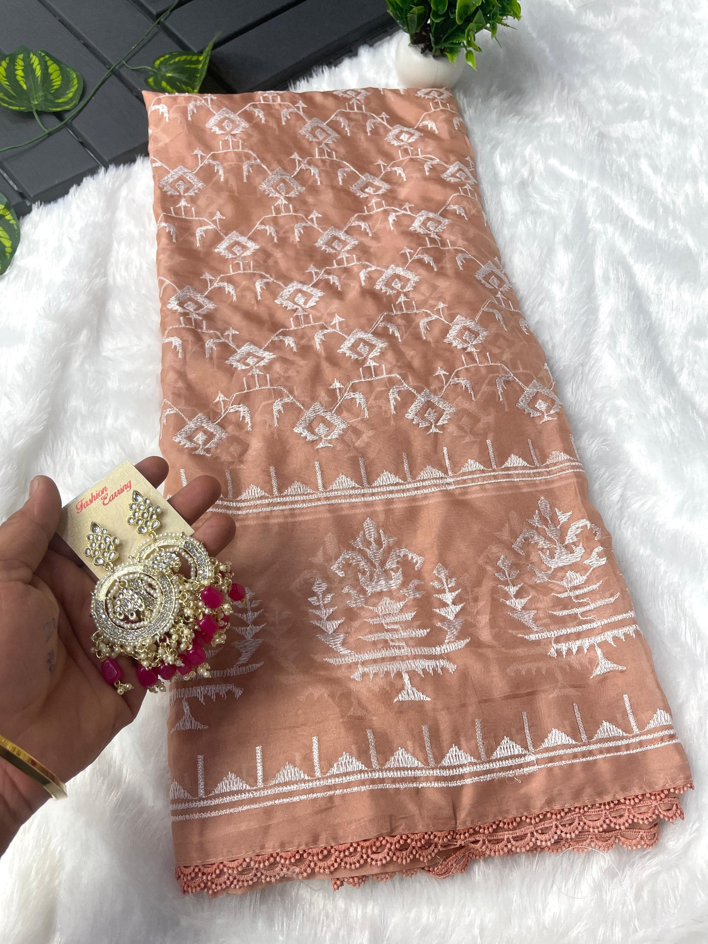 Amazing Embroidery Thread Work Peach Color Saree