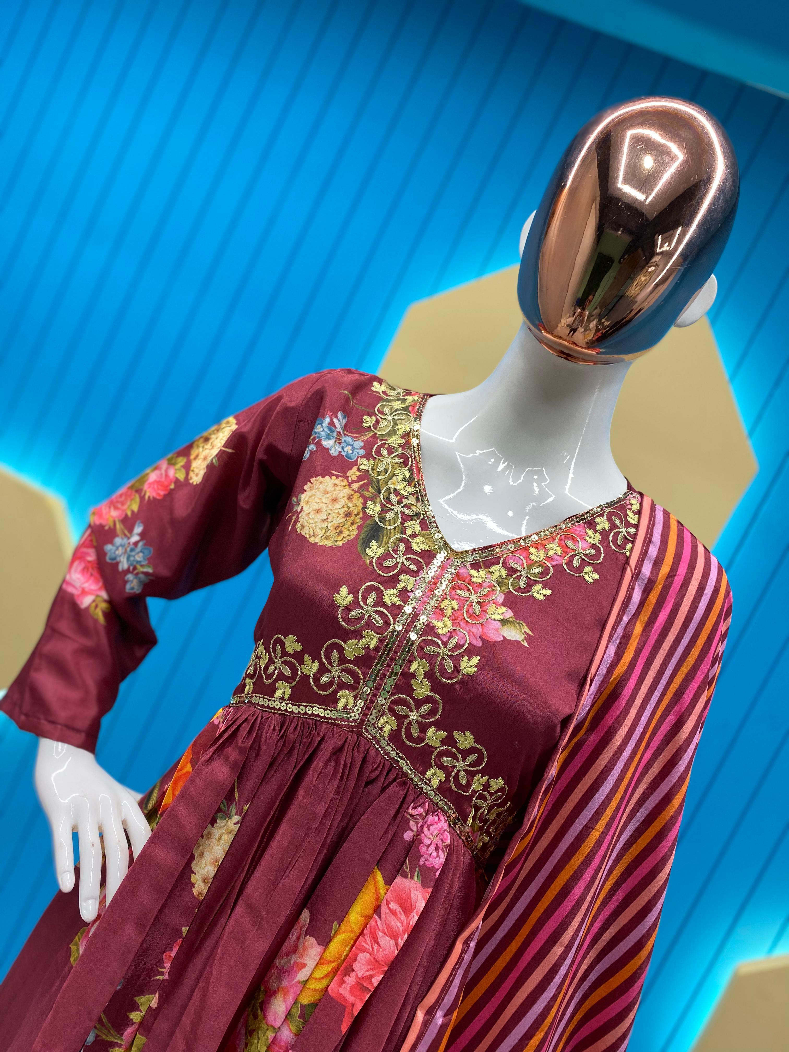 Maroon Color Sequence Embroidery Work Aliya Cut Suit