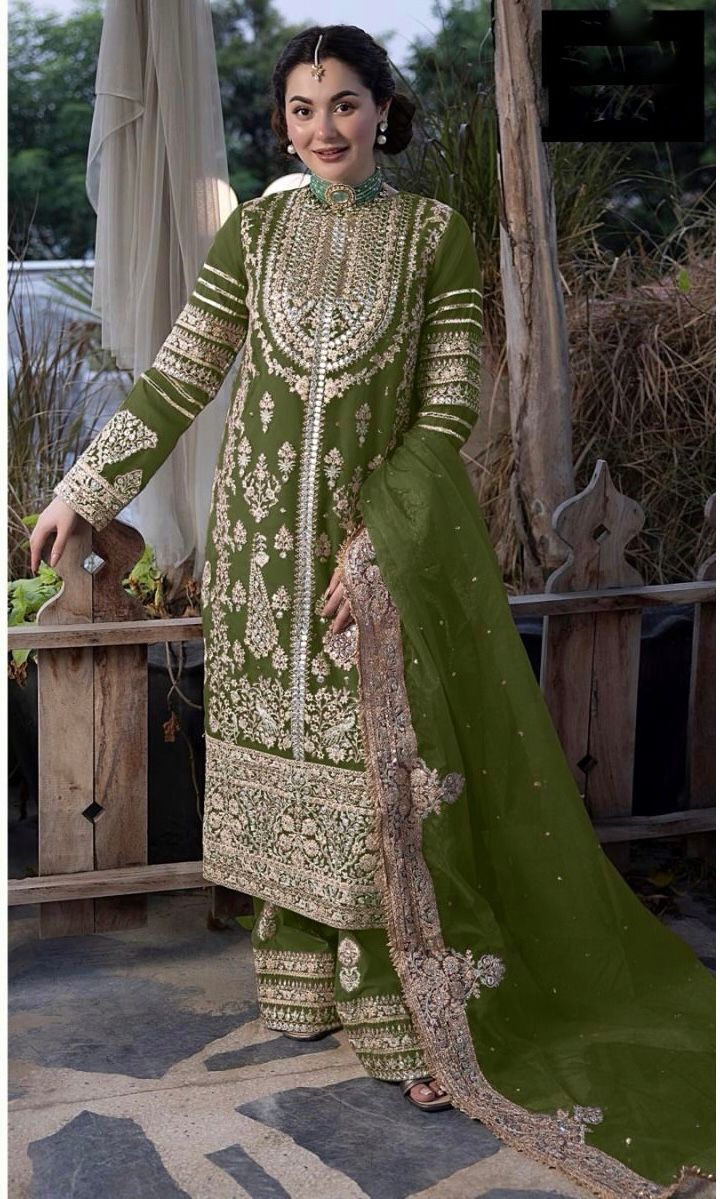 Awesome Sequence Work Mehndi Green Kurti Pant With Dupatta