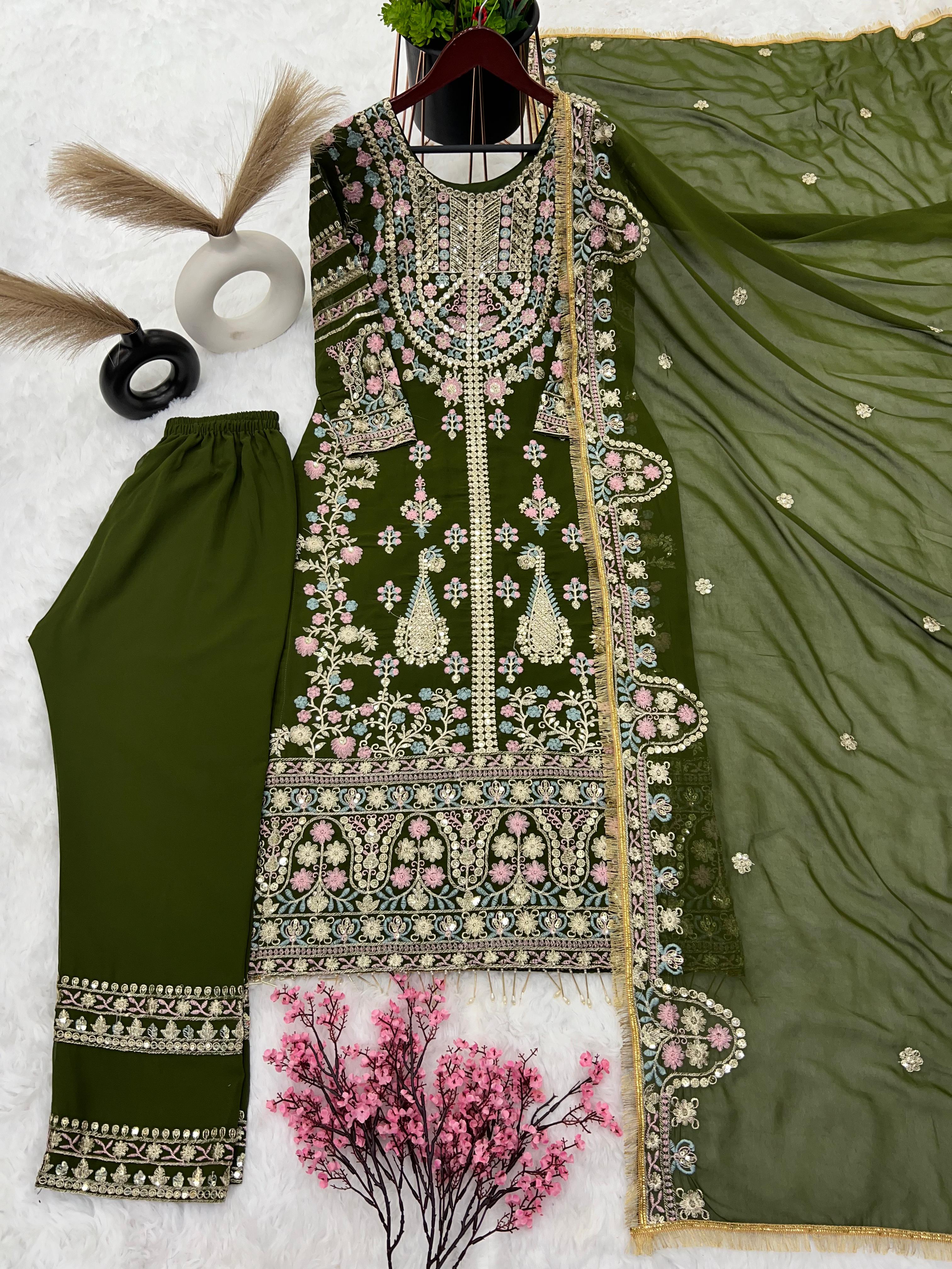 Awesome Sequence Work Mehndi Green Kurti Pant With Dupatta