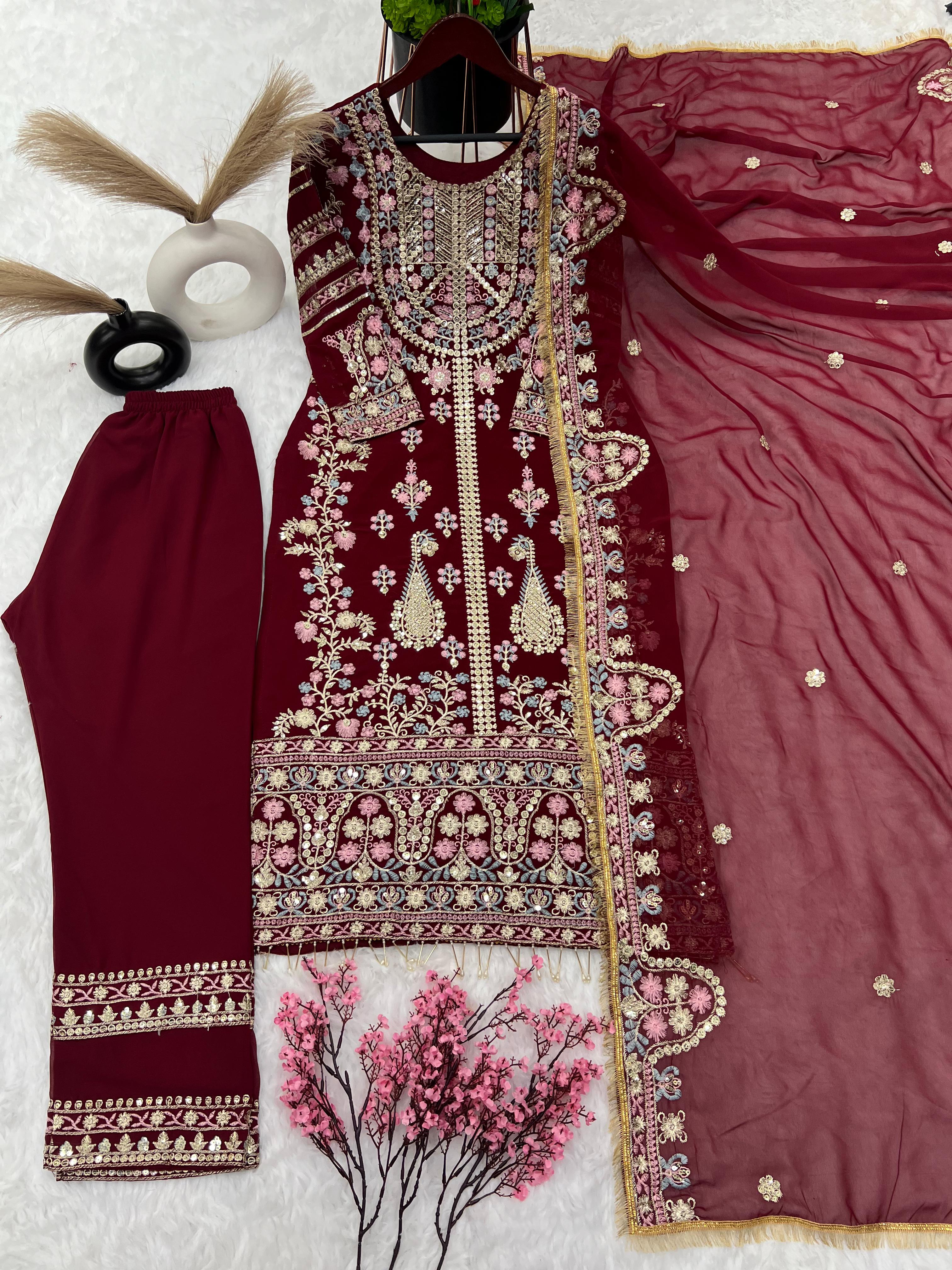 Awesome Sequence Work Maroon Kurti Pant With Dupatta